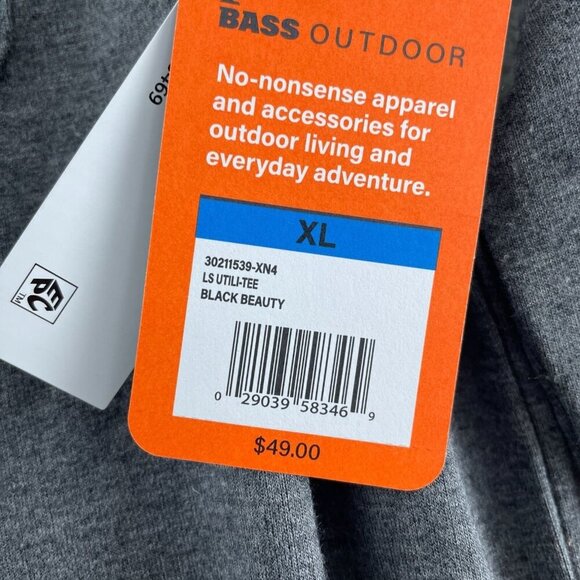 Bass Outdoor XL Long Sleeve Utility Tee In Black Beauty Crew Neck NWT 2458 - Picture 4 of 9